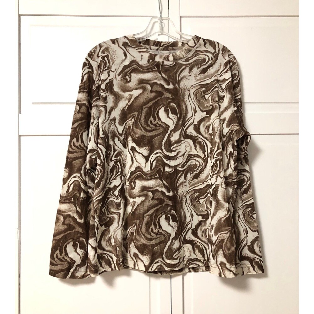 Brown Abstract Marble Print Long Sleeve Crew Neck Shirt - Womens Size M